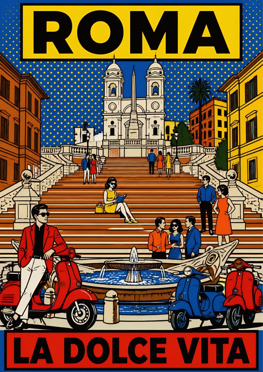 La Dolce Vita — Rome art print: pop-art Spanish Steps with 1960s figures, red and blue Vespas and the Barcaccia fountain on a bold blue, red and yellow ground