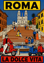 La Dolce Vita — Rome art print: pop-art Spanish Steps with 1960s figures, red and blue Vespas and the Barcaccia fountain on a bold blue, red and yellow ground