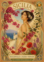 I Fiori Dell'Isola — Sicily art print: art Nouveau portrait of a woman garlanded with bougainvillea, orange blossom and poppies above a coastal town and Etna; cream, magenta, red and gold
