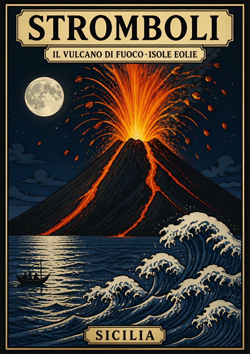 Il Vulcano Di Fuoco — Sicily art print: stromboli erupting at night under a full moon with a small boat on stylised waves; midnight blue, orange lava and cream foam