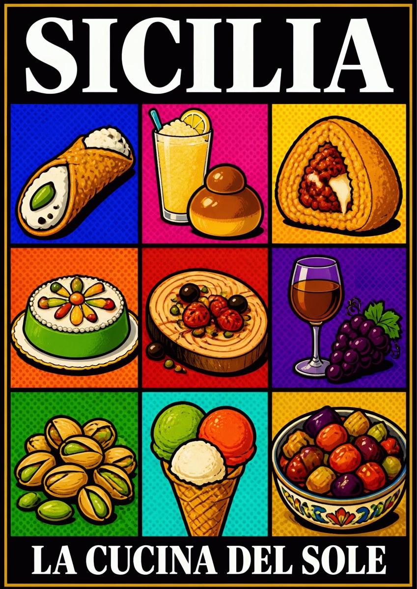 La Cucina Del Sole — Sicily art print: pop-art nine-panel grid of Sicilian food: cannolo, granita, arancino, cassata, pizza, wine, pistachios, gelato and olives; saturated primary colours on black