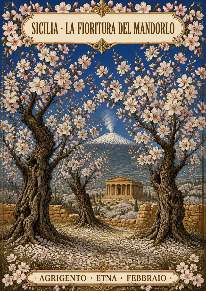 La Fioritura Del Mandorlo — Sicily art print: ancient almond trees in blossom framing a temple and smoking Etna; pale pink and white flowers, gnarled brown trunks, deep blue sky