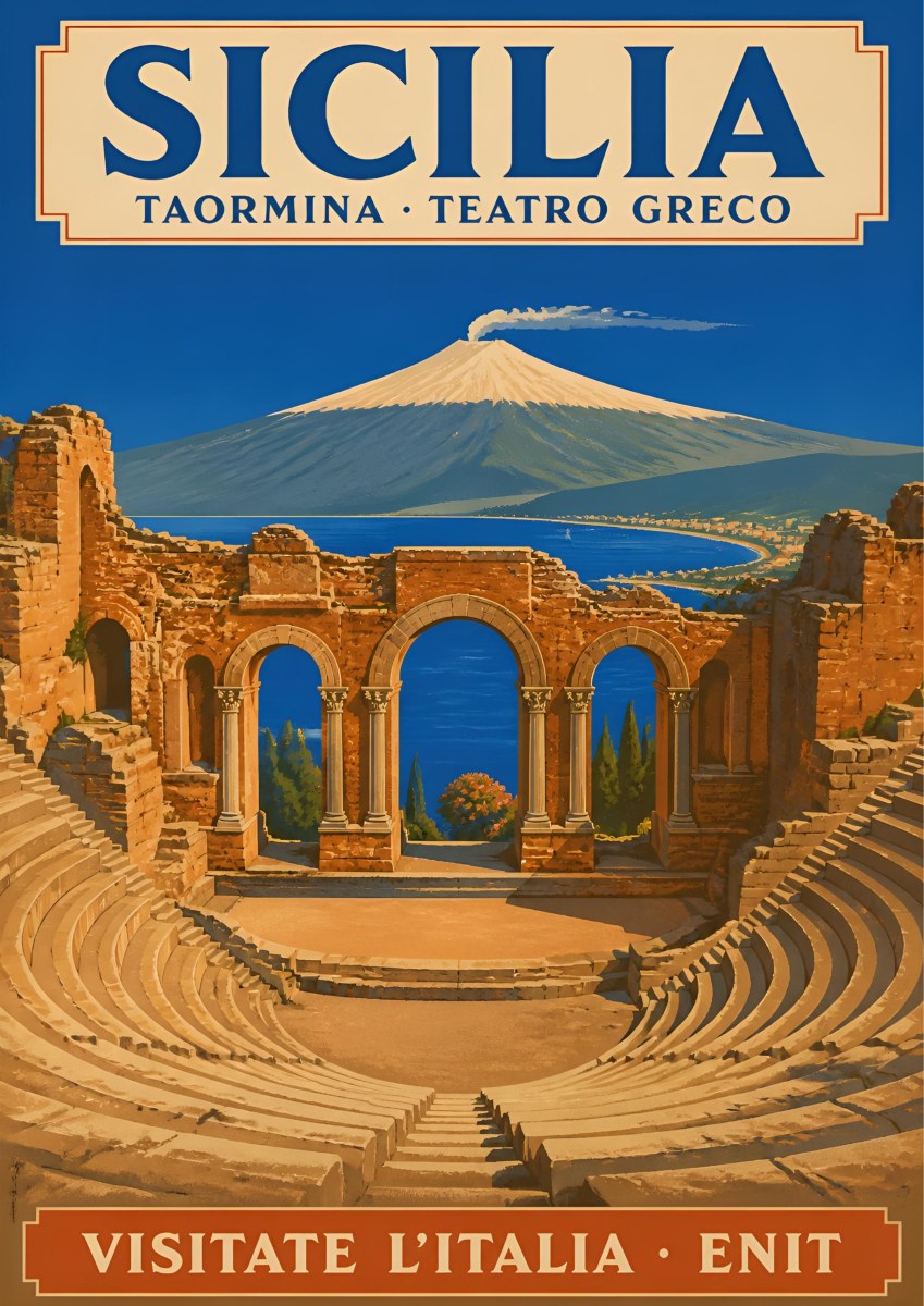 Teatro Greco — Sicily art print: the Greek theatre at Taormina with its ruined arches framing the bay and smoking Mount Etna; warm terracotta stone, deep blue sea and sky