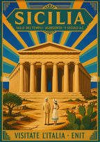 Valle Dei Templi — Sicily art print: greek temple at Agrigento with a couple in white, olive tree and prickly pear under a sunburst; gold, teal and ochre