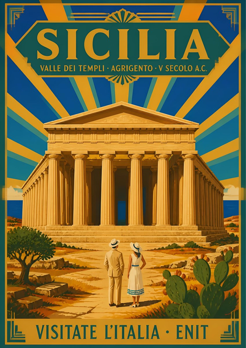 Valle Dei Templi — Sicily art print: greek temple at Agrigento with a couple in white, olive tree and prickly pear under a sunburst; gold, teal and ochre