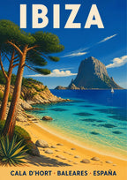 Cala d'Hort — Ibiza art print: a painted cove scene at Cala d'Hort with a leaning Aleppo pine over a pale sandy beach, clear turquoise shallows, a small white sailing boat and Es Vedra standing offshore under a blue sky