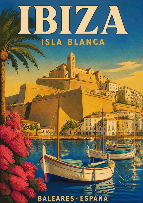 Dalt Vila — Ibiza art print: a vintage travel-poster view of the walled old town of Dalt Vila rising above the harbour, with its cathedral tower, sandstone ramparts and white houses, moored wooden boats in calm water and bright pink bougainvillea framing the left edge
