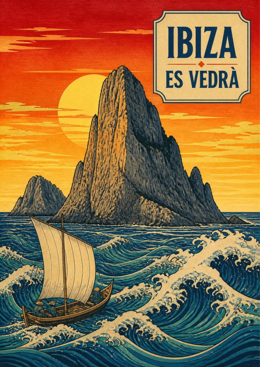 Es Vedra — Ibiza art print: the rocky islet of Es Vedra rising from choppy stylised blue waves at sunset, a lateen-rigged wooden sailing boat in the foreground and a low sun in a banded orange and red sky, with a framed ES VEDRA title panel