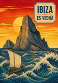 Es Vedra — Ibiza art print: the rocky islet of Es Vedra rising from choppy stylised blue waves at sunset, a lateen-rigged wooden sailing boat in the foreground and a low sun in a banded orange and red sky, with a framed ES VEDRA title panel