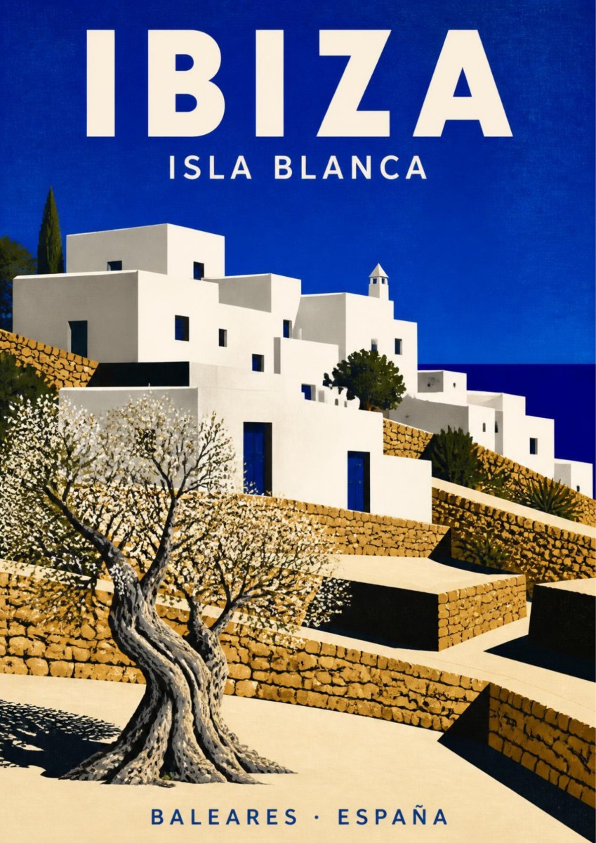 Isla Blanca — Ibiza art print: a crisp graphic view of cubic whitewashed Ibicenco houses stacked on dry-stone terraces, with a gnarled old olive tree in the foreground against a deep cobalt-blue sky