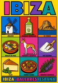 Sabores de Eivissa — Ibiza art print: a nine-panel icon grid on a bright yellow ground with bold black outlines, showing a windmill, hierbas ibicencas, Es Vedra, bullit de peix, a podenco ibicenco, a scoop of Ses Salines salt, a slice of flao cheesecake, sofrit pages and flowering rosemary