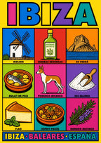 Sabores de Eivissa — Ibiza art print: a nine-panel icon grid on a bright yellow ground with bold black outlines, showing a windmill, hierbas ibicencas, Es Vedra, bullit de peix, a podenco ibicenco, a scoop of Ses Salines salt, a slice of flao cheesecake, sofrit pages and flowering rosemary