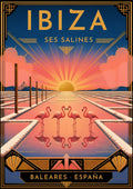Ses Salines — Ibiza art print: an Art Deco view down the Ses Salines salt pans at sunset, with mirrored pink flamingos standing in the shallow pools, timber posts receding to a rising sun and geometric fan motifs in the border