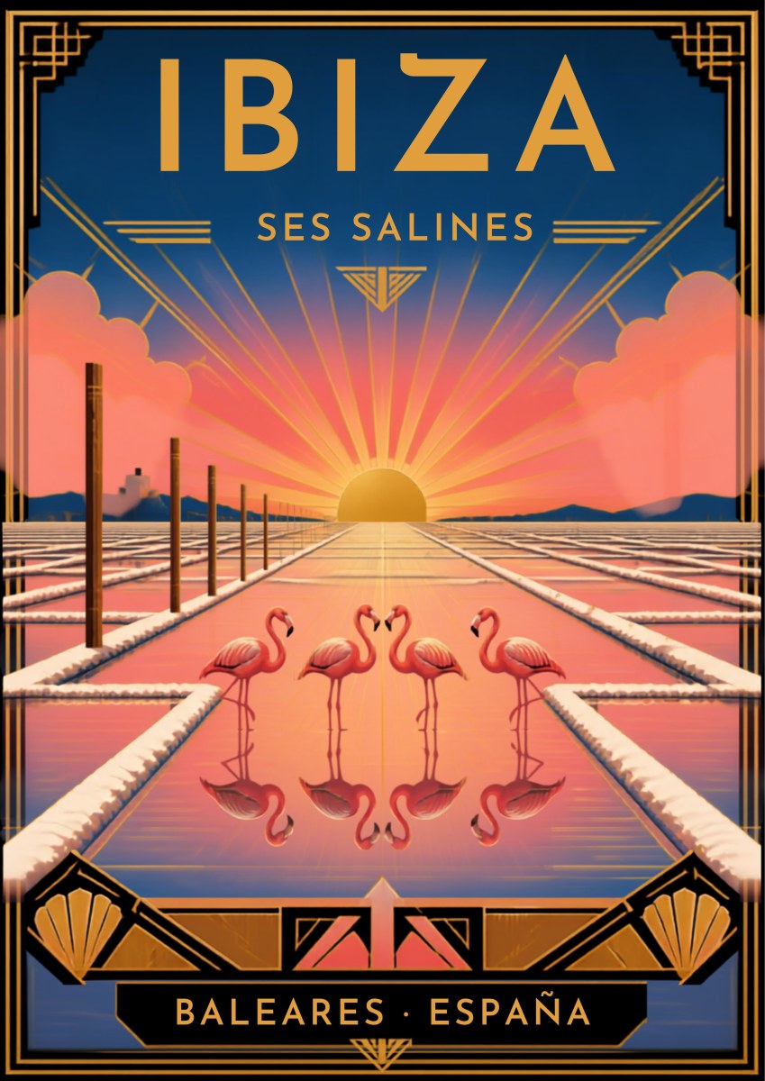 Ses Salines — Ibiza art print: an Art Deco view down the Ses Salines salt pans at sunset, with mirrored pink flamingos standing in the shallow pools, timber posts receding to a rising sun and geometric fan motifs in the border
