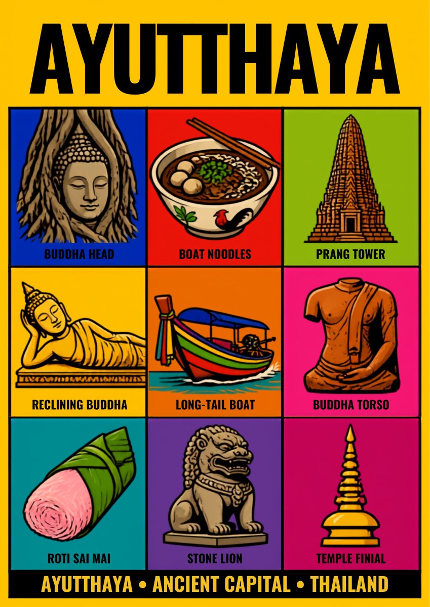 Krung Kao — Ayutthaya art print: yellow poster with a nine-panel grid of flat colour icons: the Buddha head in roots, a bowl of boat noodles, a prang tower, a reclining Buddha, a long-tail boat, a stone Buddha torso, roti sai mai, a stone lion and a golden temple finial