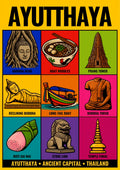 Krung Kao — Ayutthaya art print: yellow poster with a nine-panel grid of flat colour icons: the Buddha head in roots, a bowl of boat noodles, a prang tower, a reclining Buddha, a long-tail boat, a stone Buddha torso, roti sai mai, a stone lion and a golden temple finial