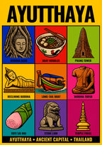 Krung Kao — Ayutthaya art print: yellow poster with a nine-panel grid of flat colour icons: the Buddha head in roots, a bowl of boat noodles, a prang tower, a reclining Buddha, a long-tail boat, a stone Buddha torso, roti sai mai, a stone lion and a golden temple finial