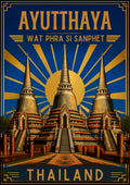 Phra Si Sanphet — Ayutthaya art print: art deco poster of the three bell-shaped chedis of Wat Phra Si Sanphet on their terrace, with gold sunburst rays on a deep navy ground