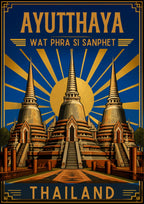 Phra Si Sanphet — Ayutthaya art print: art deco poster of the three bell-shaped chedis of Wat Phra Si Sanphet on their terrace, with gold sunburst rays on a deep navy ground