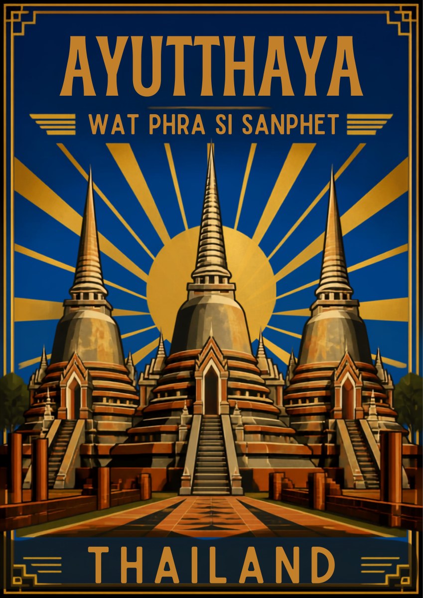 Phra Si Sanphet — Ayutthaya art print: art deco poster of the three bell-shaped chedis of Wat Phra Si Sanphet on their terrace, with gold sunburst rays on a deep navy ground