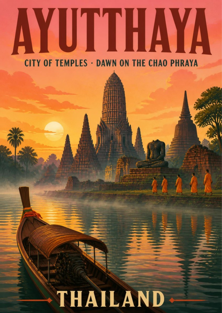 Rung Arun — Ayutthaya art print: soft dawn scene on the Chao Phraya with misty temple prangs and chedis, saffron-robed monks walking the bank, a wooden long boat moored in the foreground and a pale sun in a peach sky