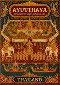 Siamese Golden Age — Ayutthaya art print: ornate gold-on-black mural-style poster of a many-tiered Siamese temple hall with a seated Buddha, rows of courtiers, white elephants and deities in traditional lacquer-and-gilt detail