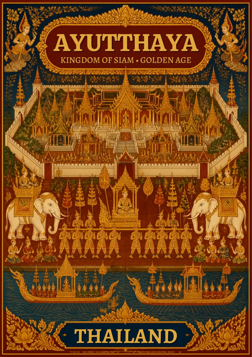Siamese Golden Age — Ayutthaya art print: ornate gold-on-black mural-style poster of a many-tiered Siamese temple hall with a seated Buddha, rows of courtiers, white elephants and deities in traditional lacquer-and-gilt detail