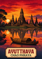 Wat Chaiwatthanaram — Ayutthaya art print: woodblock-style poster of the temple's brick prangs silhouetted against a fiery red sunset and mirrored in the Chao Phraya, with a boatman poling a covered wooden barge
