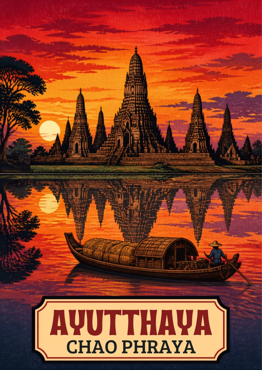 Wat Chaiwatthanaram — Ayutthaya art print: woodblock-style poster of the temple's brick prangs silhouetted against a fiery red sunset and mirrored in the Chao Phraya, with a boatman poling a covered wooden barge