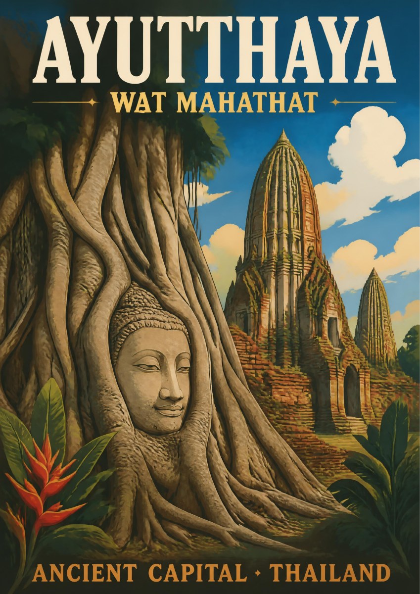 Wat Mahathat — Ayutthaya art print: illustrated poster of the sandstone Buddha head entwined in banyan tree roots at Wat Mahathat, with brick prangs, tropical foliage and a red heliconia under a blue cloudy sky