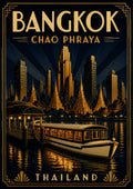 Chao Phraya by Night — Bangkok art print: an art deco poster in gold on black showing a wooden river ferry at a pier at night, with temple spires and modern skyscrapers reflected in the dark Chao Phraya water