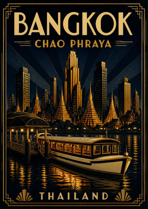 Chao Phraya by Night — Bangkok art print: an art deco poster in gold on black showing a wooden river ferry at a pier at night, with temple spires and modern skyscrapers reflected in the dark Chao Phraya water