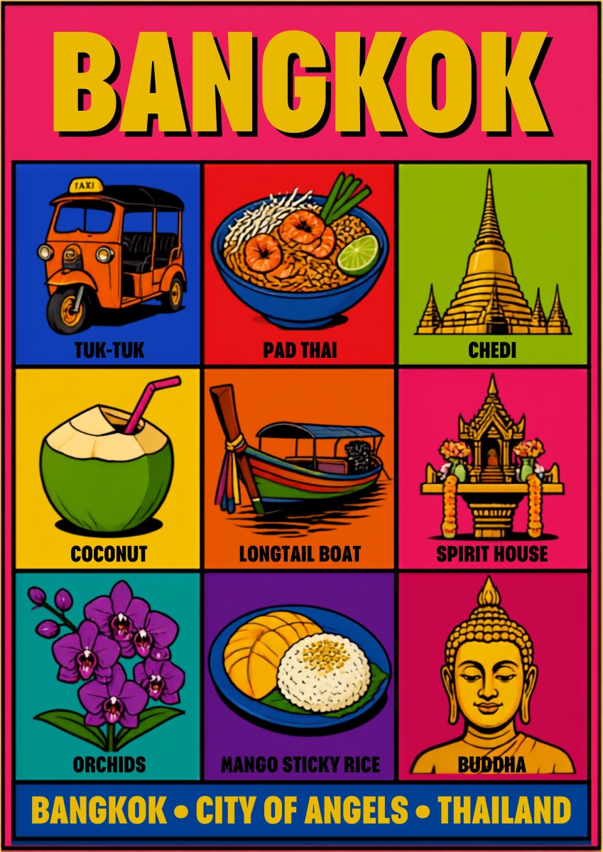 Krung Thep — Bangkok art print: a pop-art nine-panel grid on hot pink in bold flat colour showing a tuk-tuk, pad thai, a golden chedi, a young coconut, a longtail boat, a spirit house, purple orchids, mango sticky rice and a Buddha head, under the line 'Bangkok - city of angels - Thailand'
