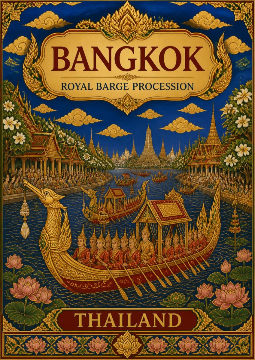 Royal Barge Procession — Bangkok art print: an ornate gold-on-navy poster of the royal barge with its gilded mythical prow and rows of oarsmen on the river, surrounded by temple spires, stylised clouds, lotus flowers and Thai decorative borders