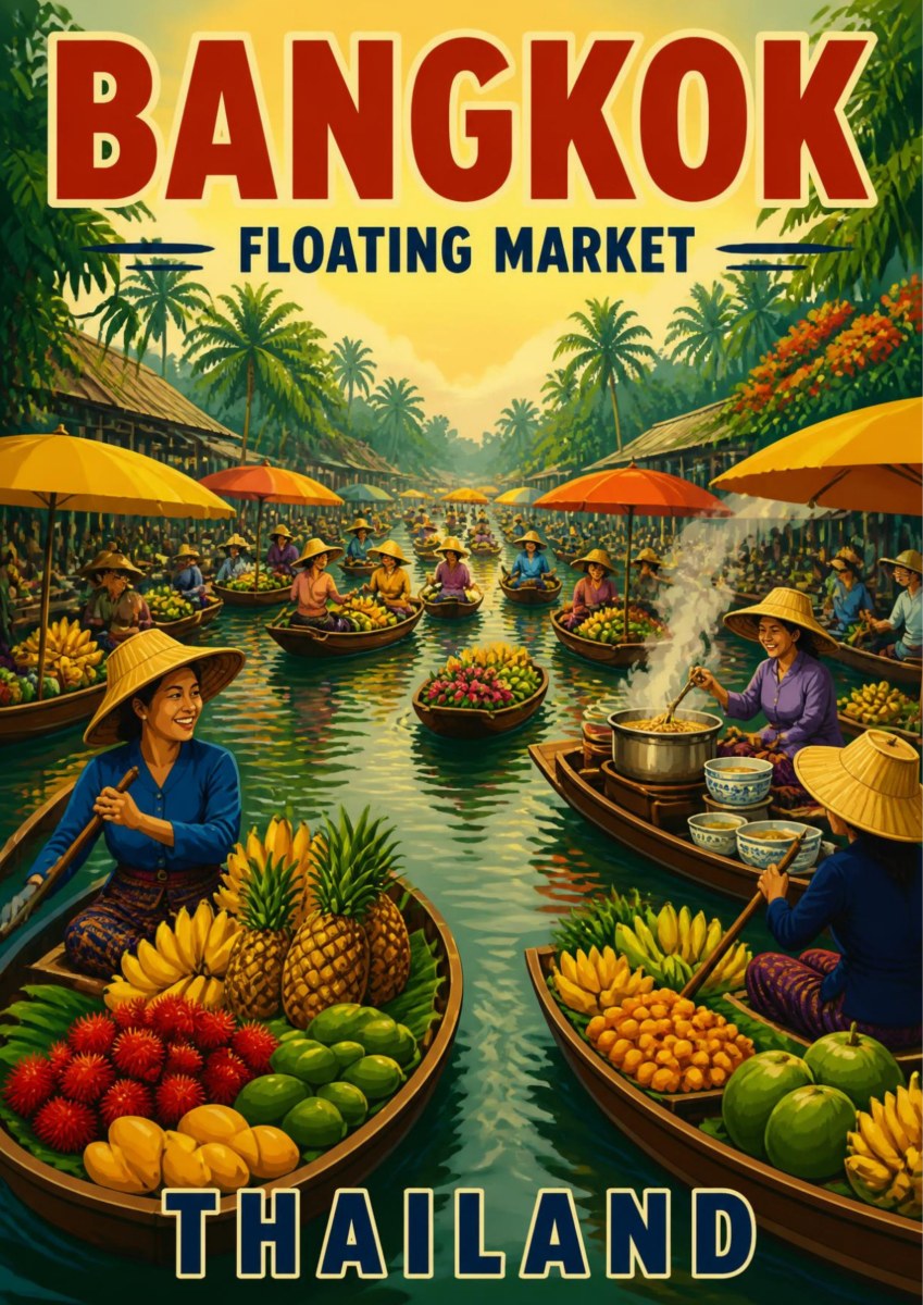 Talat Nam — Bangkok art print: a lush painterly poster of a floating market with vendors in conical straw hats paddling wooden boats piled with pineapples, bananas, rambutan and mangoes along a green jungle canal shaded by coloured parasols