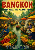 Talat Nam — Bangkok art print: a lush painterly poster of a floating market with vendors in conical straw hats paddling wooden boats piled with pineapples, bananas, rambutan and mangoes along a green jungle canal shaded by coloured parasols