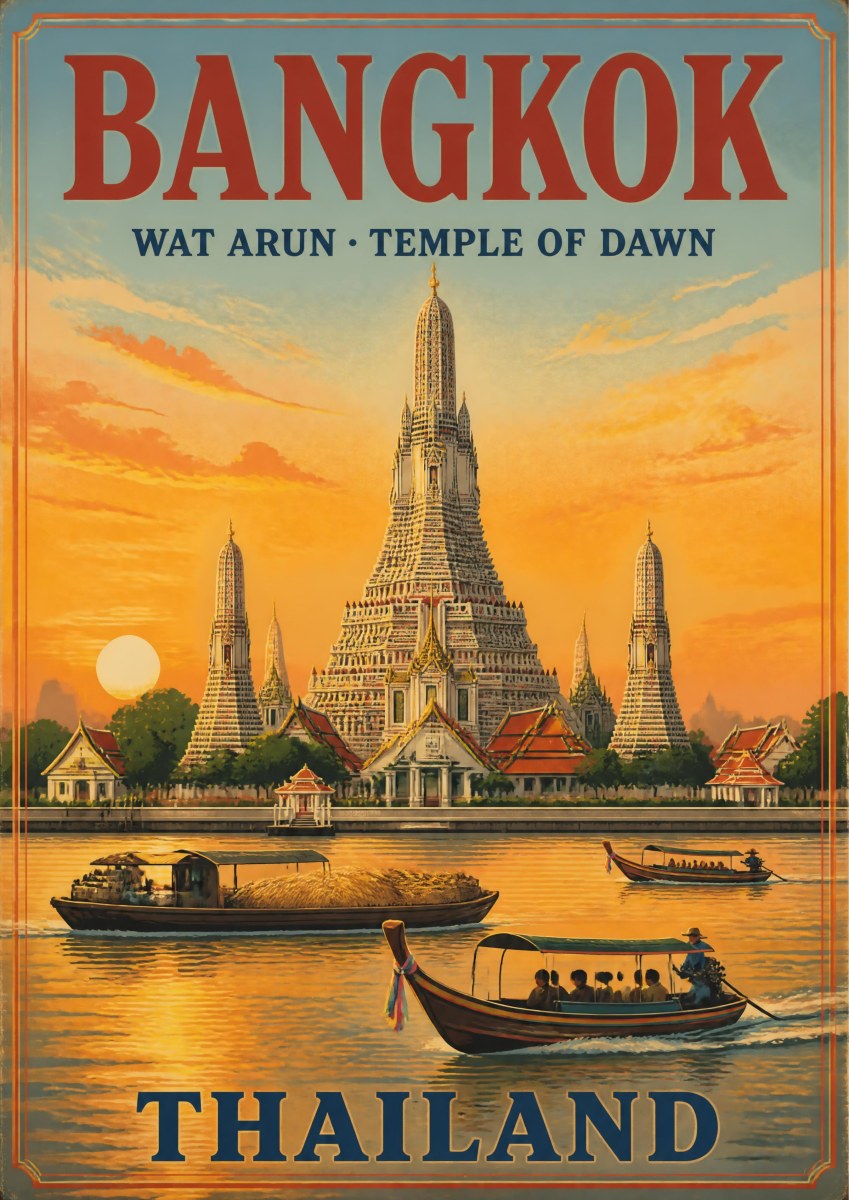 Wat Arun — Bangkok art print: a vintage travel poster of the tiered spire of Wat Arun, the Temple of Dawn, glowing against a golden sunrise sky with longtail boats and a rice barge on the amber Chao Phraya river in the foreground