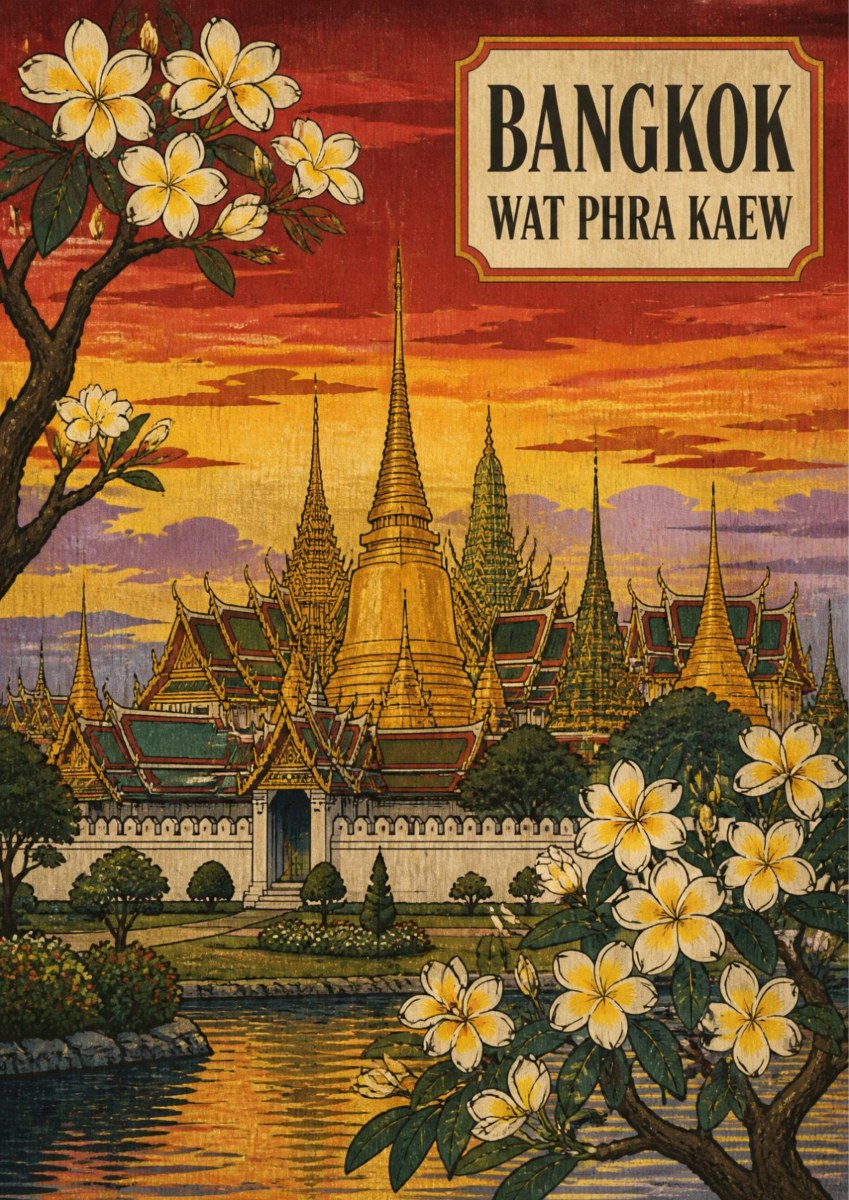 Wat Phra Kaew — Bangkok art print: a woodblock-style poster of the golden spires and tiered roofs of Wat Phra Kaew at sunset in red and purple, framed by a branch of white frangipani blossom