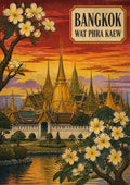 Wat Phra Kaew — Bangkok art print: a woodblock-style poster of the golden spires and tiered roofs of Wat Phra Kaew at sunset in red and purple, framed by a branch of white frangipani blossom