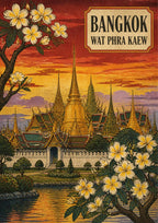 Wat Phra Kaew — Bangkok art print: a woodblock-style poster of the golden spires and tiered roofs of Wat Phra Kaew at sunset in red and purple, framed by a branch of white frangipani blossom