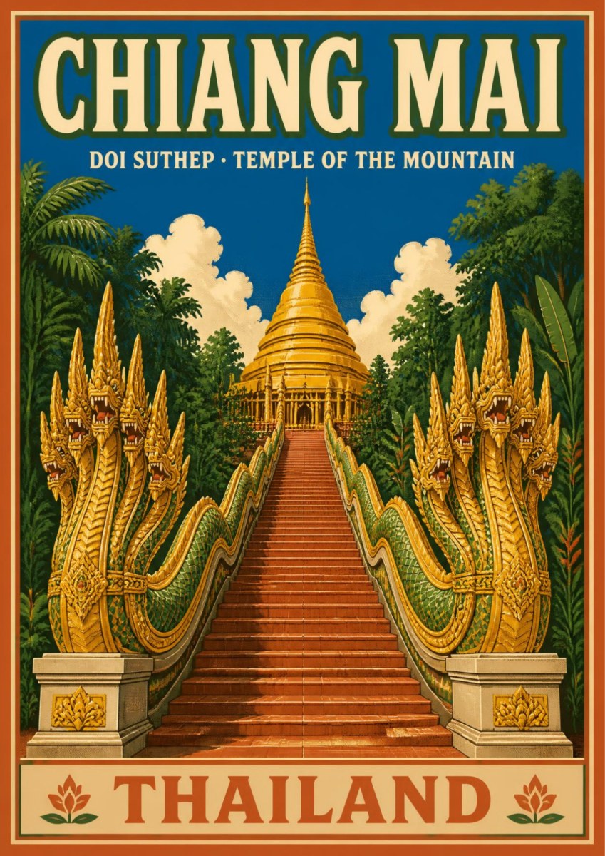 Doi Suthep — Chiang Mai art print: a vintage poster of the naga staircase at Doi Suthep, with two green and gold serpent balustrades flanking red steps rising to a golden chedi against jungle and blue sky