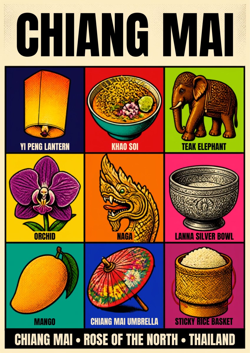 Lanna Nine — Chiang Mai art print: a nine-panel icon grid in bright flat colours showing a Yi Peng lantern, khao soi, a carved teak elephant, an orchid, a naga head, a Lanna silver bowl, a mango, a painted paper umbrella and a sticky rice basket