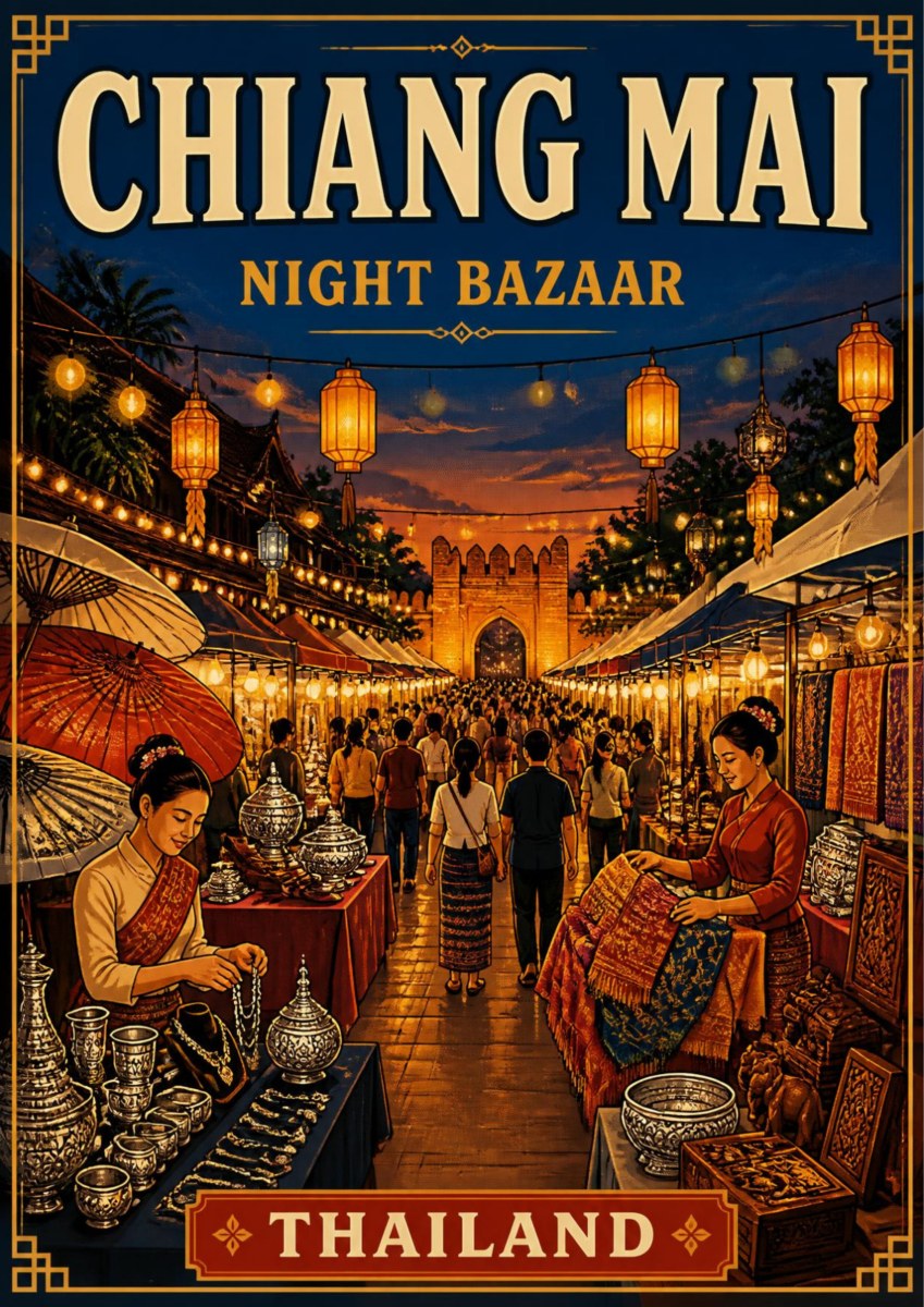 Night Bazaar — Chiang Mai art print: a warm evening market scene with strings of glowing lanterns over crowded stalls, vendors in traditional dress selling silverware, textiles and umbrellas, and a lit temple gate at the end of the lane