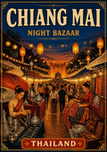 Night Bazaar — Chiang Mai art print: a warm evening market scene with strings of glowing lanterns over crowded stalls, vendors in traditional dress selling silverware, textiles and umbrellas, and a lit temple gate at the end of the lane