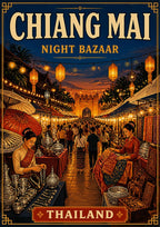 Night Bazaar — Chiang Mai art print: a warm evening market scene with strings of glowing lanterns over crowded stalls, vendors in traditional dress selling silverware, textiles and umbrellas, and a lit temple gate at the end of the lane