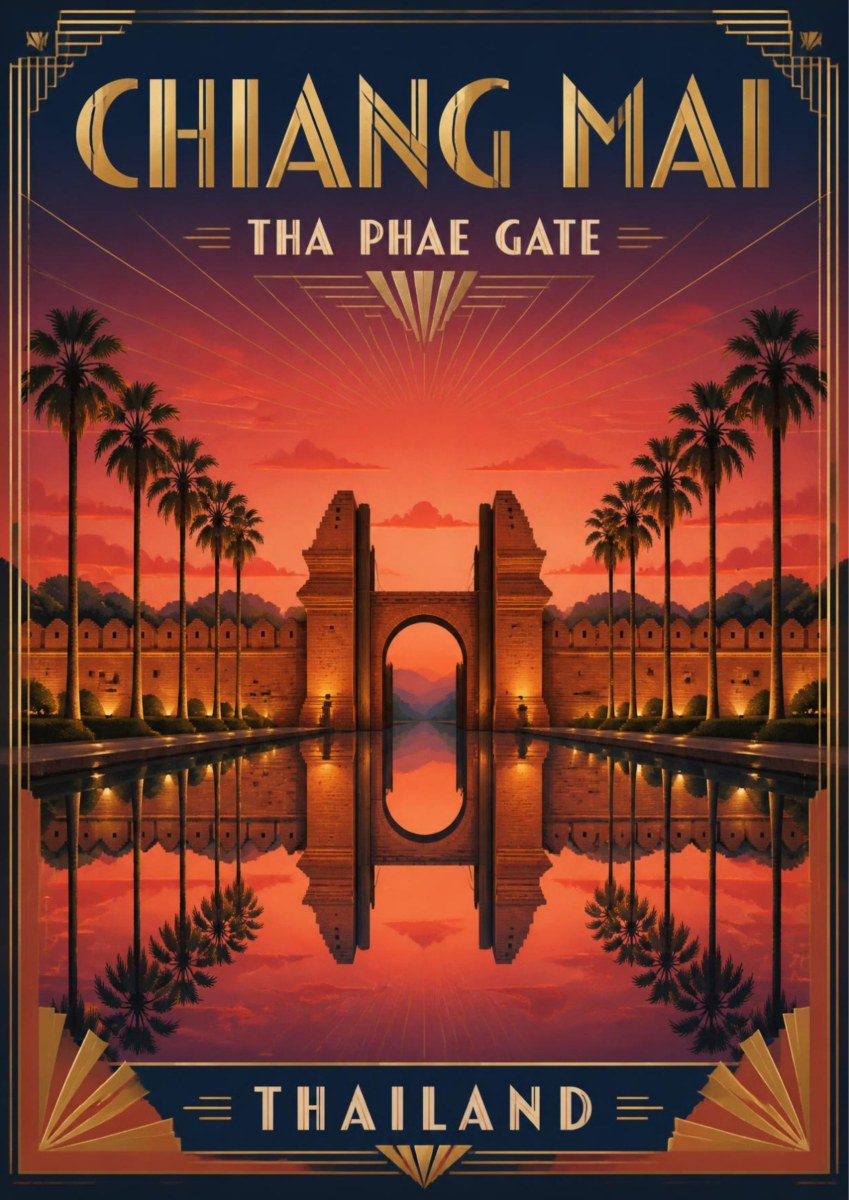 Tha Phae — Chiang Mai art print: an art deco poster of the brick Tha Phae Gate mirrored in still water at sunset, framed by tall palm silhouettes against a red and orange sky
