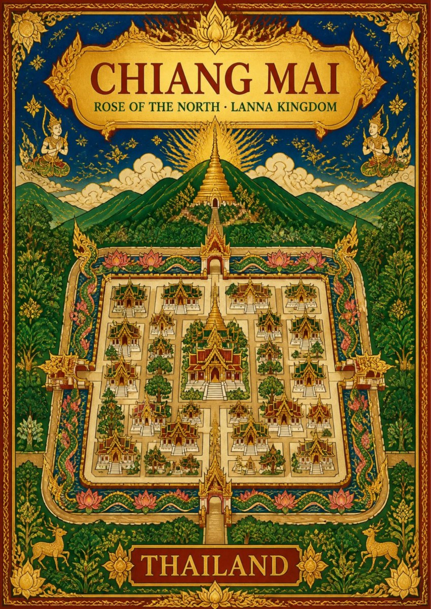 Wiang Lanna — Chiang Mai art print: an ornate gold-bordered illustrated plan of the old walled city with its square moat, temples and gilded spires, set against green mountains and a golden hilltop chedi