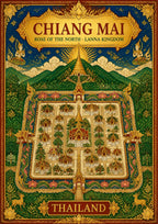 Wiang Lanna — Chiang Mai art print: an ornate gold-bordered illustrated plan of the old walled city with its square moat, temples and gilded spires, set against green mountains and a golden hilltop chedi