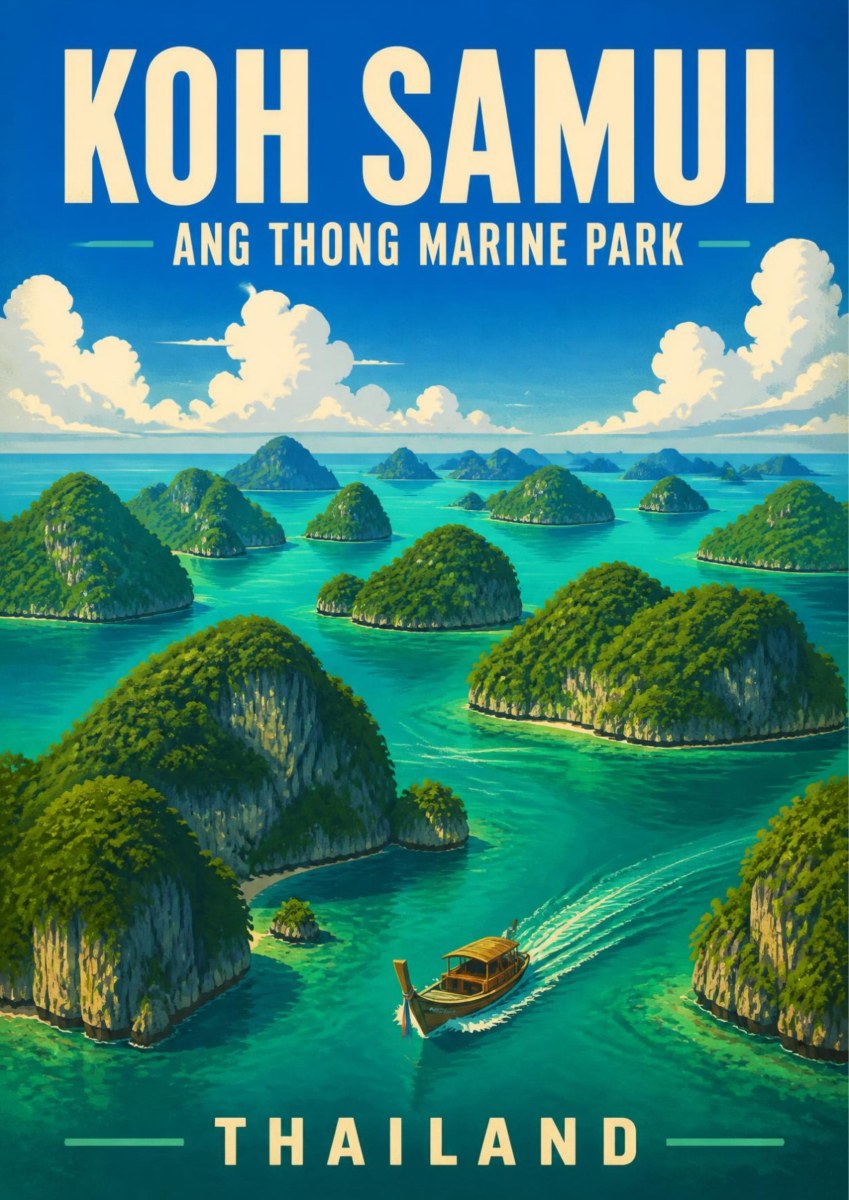 Ang Thong — Koh Samui art print: aerial view of the jade limestone islands of Ang Thong Marine Park scattered across bright turquoise water, a longtail boat leaving a white wake, under a blue sky with cumulus clouds