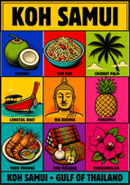 Ao Thai Treasures — Koh Samui art print: pop-art grid of nine bright panels - coconut, som tam salad, coconut palm, longtail boat, golden Buddha head, pineapple, tiger prawns, Thai massage oils and pink bougainvillea - on a yellow banner ground